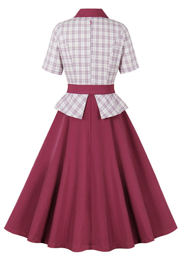 roxo vermelho xadrez mangas curtas swing vestido dos anos 1950